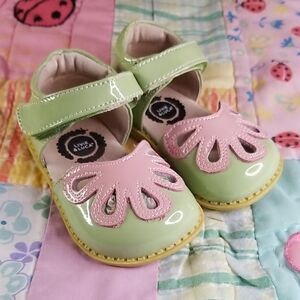 Livie & Luca Light Green Patent Leather Mary Janes with Pink Flower Petals 4